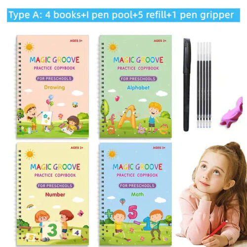 Magic Reusable Notebook Kit of 4 Books 📚 (Set of 4 Books + 1 Pen + 5 Refills + 1 Grip)